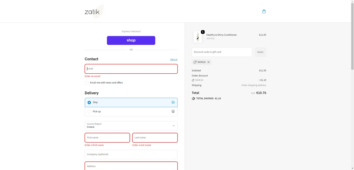 Zatik promo code screenshot showing code SAVE10 applied at Zatik checkout page. Uploaded by SimplyCodes community member CodeGuardian5312 on Oct 10, 2025