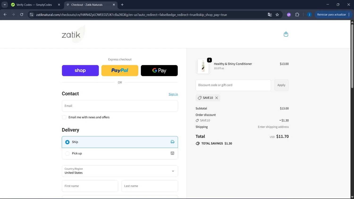 Zatik promo code screenshot showing code SAVE10 applied at Zatik checkout page. Uploaded by SimplyCodes community member CodeSaver4373 on Oct 26, 2025
