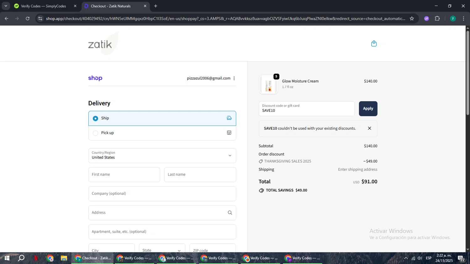 Zatik promo code screenshot showing code SAVE10 applied at Zatik checkout page. Uploaded by SimplyCodes community member FrugalCaptain6906 on Nov 24, 2025