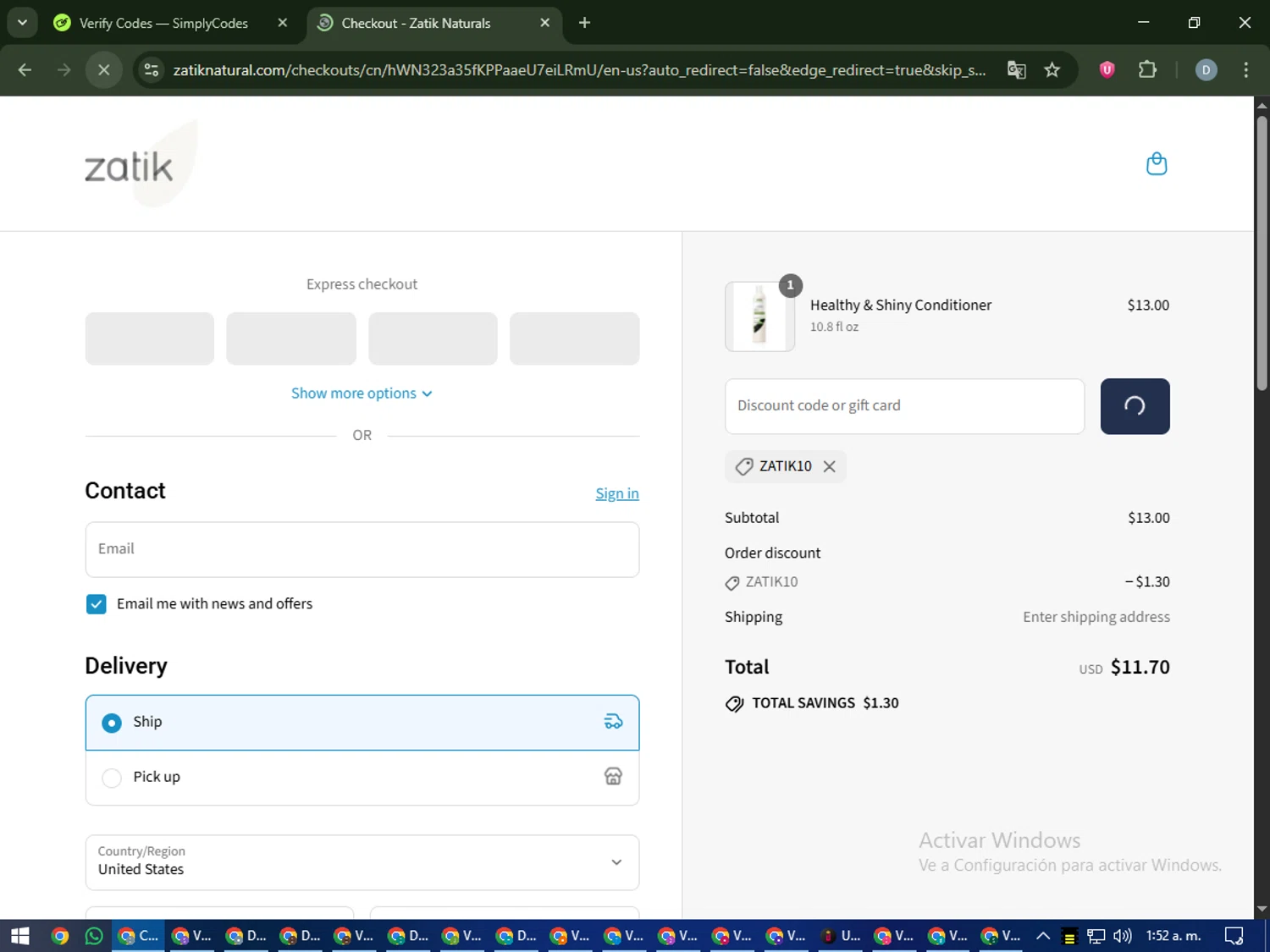Zatik promo code screenshot showing code ZATIK10 applied at Zatik checkout page. Uploaded by SimplyCodes community member CleverCurator2558 on Sep 16, 2025