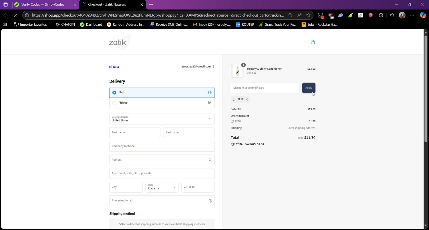 Zatik promo code screenshot showing code TF10 applied at Zatik checkout page. Uploaded by SimplyCodes community member Raibelys_18 on Sep 11, 2025