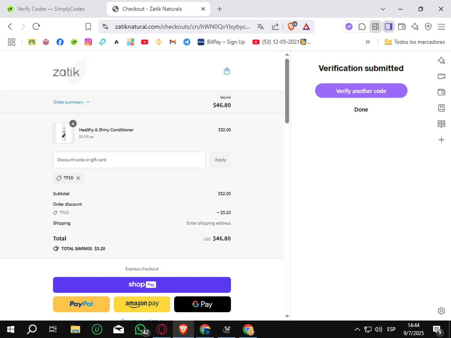 Zatik promo code screenshot showing code TF10 applied at Zatik checkout page. Uploaded by SimplyCodes community member Sungjinwoo on Jul 9, 2025