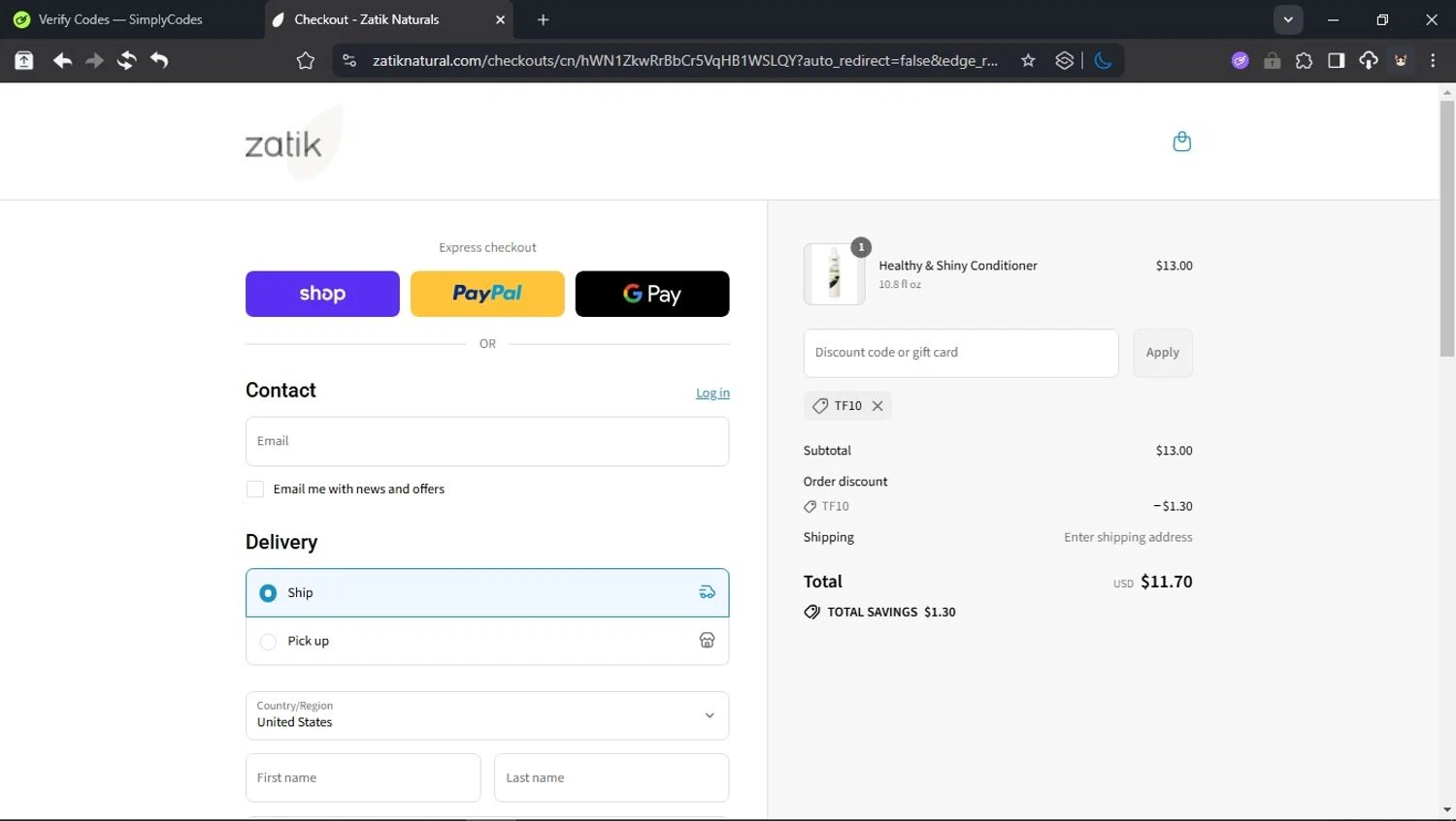 Zatik promo code screenshot showing code TF10 applied at Zatik checkout page. Uploaded by SimplyCodes community member domain on Aug 8, 2025