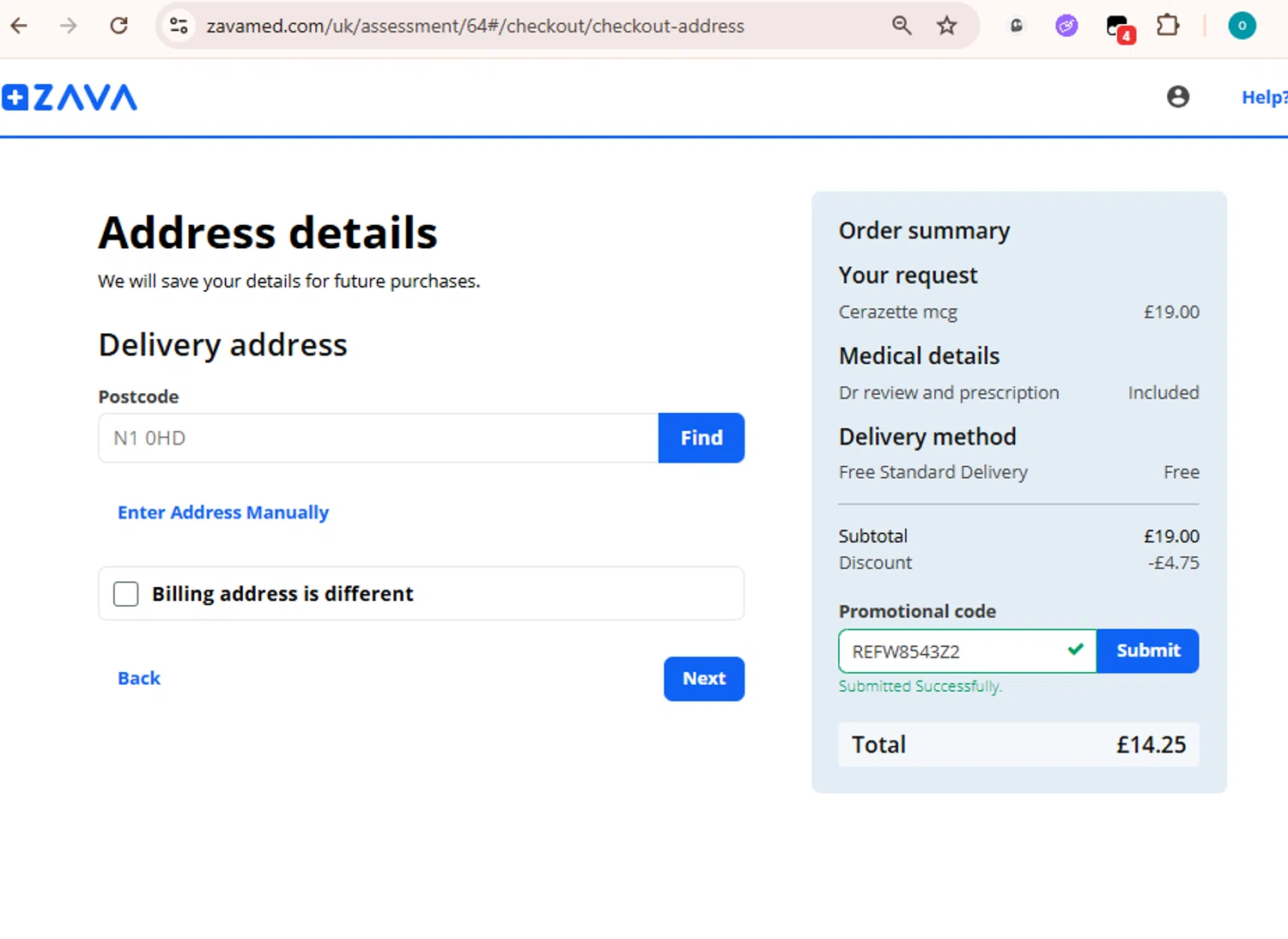 Zava discount code screenshot showing code REFW8543Z2 applied at Zava checkout page. Uploaded by SimplyCodes community member Frionel_Pessi on Sep 14, 2025