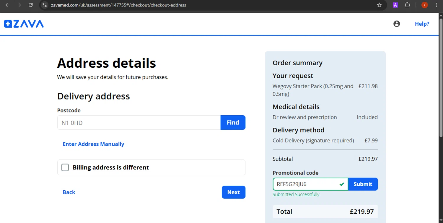 Zava discount code screenshot showing code REF5G29JU6 applied at Zava checkout page. Uploaded by SimplyCodes community member CrownTiger7501 on Sep 17, 2025