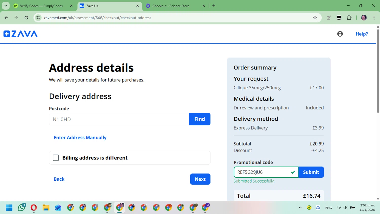 Zava checkout page showing Zava discount code box | Screenshot taken by SimplyCodes community member on Jan 11, 2026
