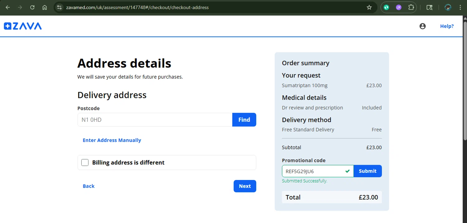 Zava discount code screenshot showing code REF5G29JU6 applied at Zava checkout page. Uploaded by SimplyCodes community member xAngel on Nov 14, 2025