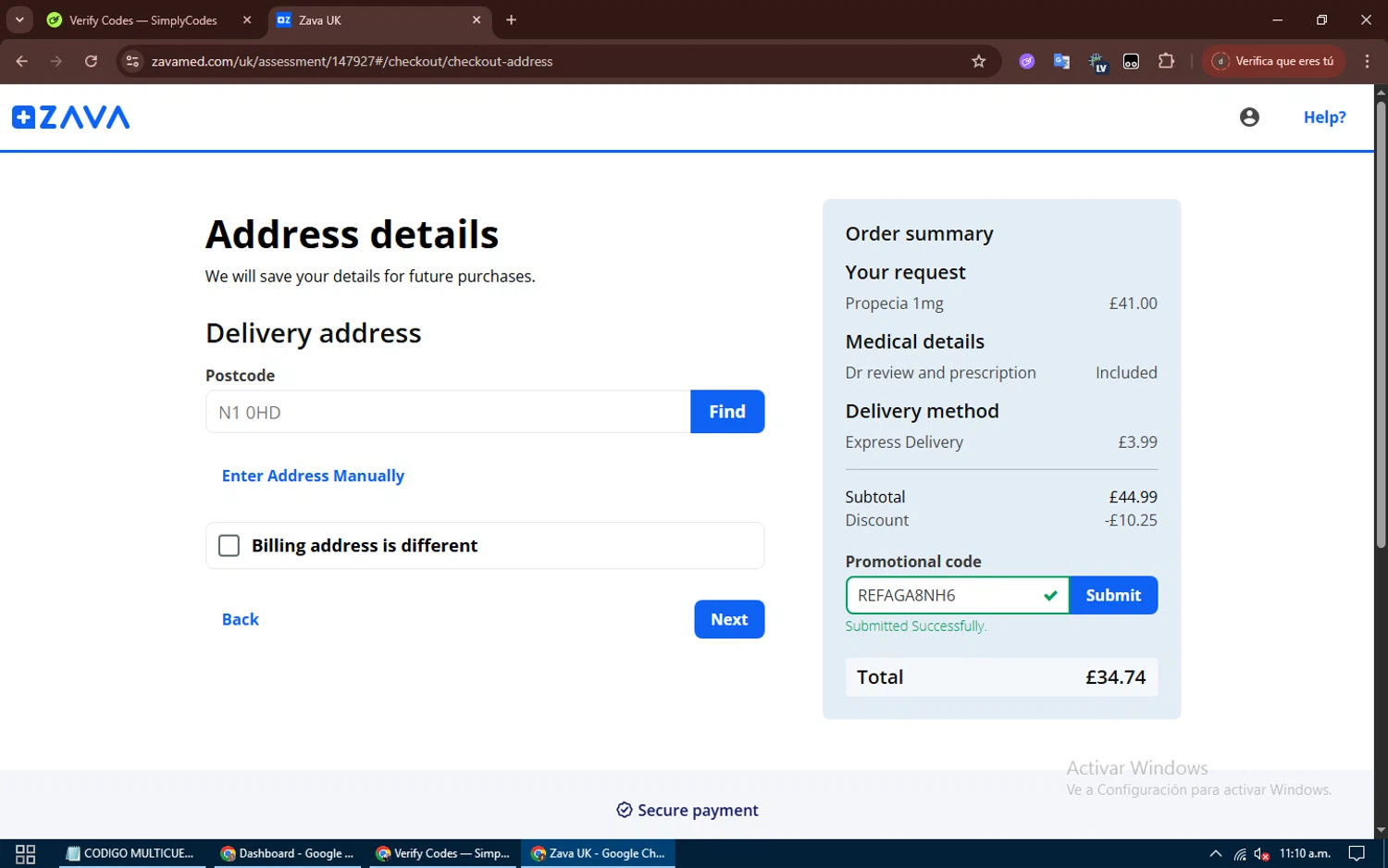 Zava discount code screenshot showing code REFAGA8NH6 applied at Zava checkout page. Uploaded by SimplyCodes community member moanaaa on Nov 10, 2025