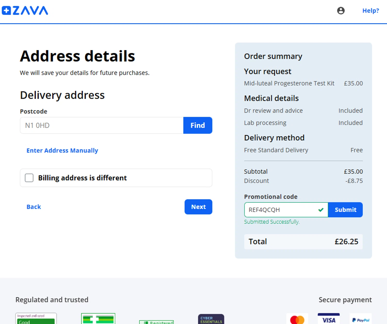 Zava discount code screenshot showing code REF4QCQH applied at Zava checkout page. Uploaded by SimplyCodes community member BonusDefender8823 on Mar 20, 2025