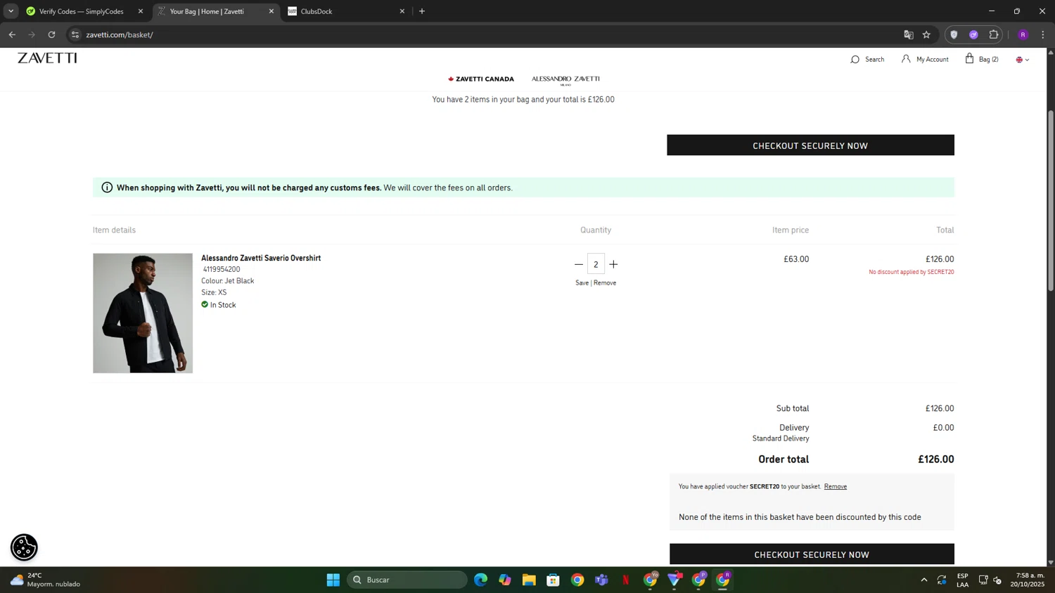 Zavetti discount code screenshot showing code SECRET20 applied at Zavetti checkout page. Uploaded by SimplyCodes community member TokenFox2691 on Oct 20, 2025