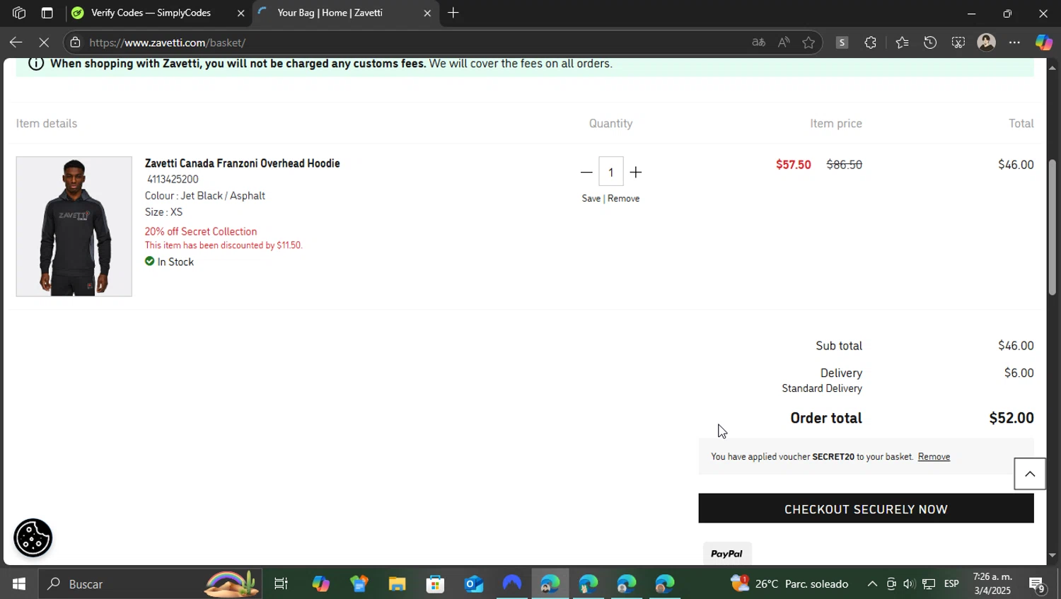 Zavetti discount code screenshot showing code SECRET20 applied at Zavetti checkout page. Uploaded by SimplyCodes community member WonderKnight7884 on Apr 3, 2025