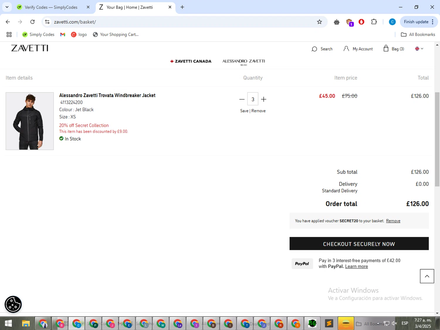 Zavetti discount code screenshot showing code SECRET20 applied at Zavetti checkout page. Uploaded by SimplyCodes community member ShrewdWhiz2806 on Apr 3, 2025