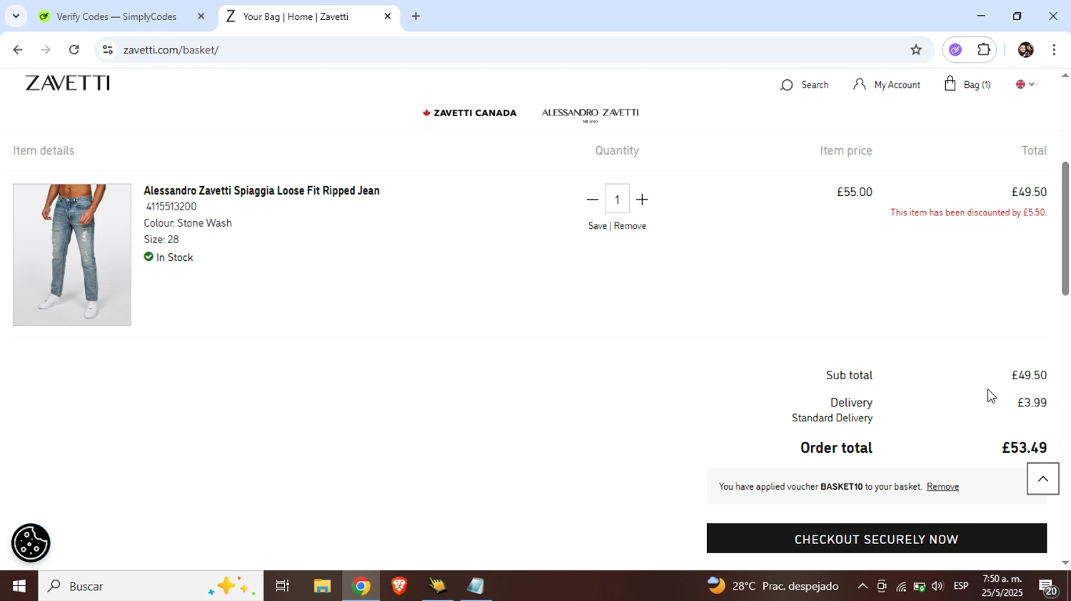 Zavetti discount code screenshot showing code BASKET10 applied at Zavetti checkout page. Uploaded by SimplyCodes community member Junniorduno on May 25, 2025