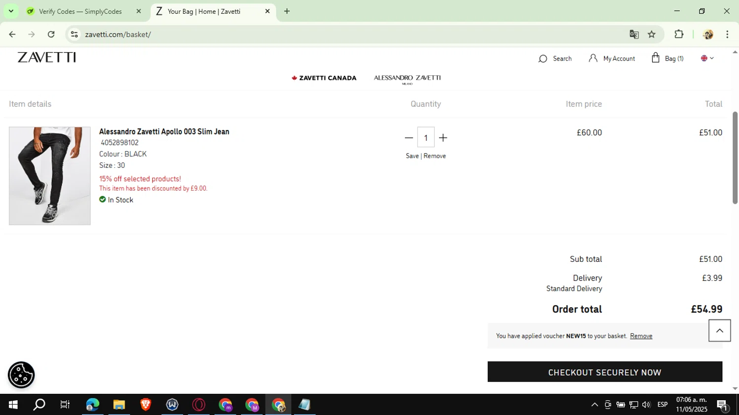 Zavetti discount code screenshot showing code new15 applied at Zavetti checkout page. Uploaded by SimplyCodes community member CashExpert3657 on May 11, 2025