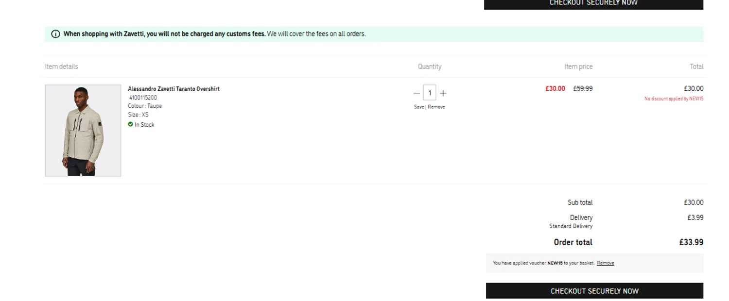 Zavetti discount code screenshot showing code new15 applied at Zavetti checkout page. Uploaded by SimplyCodes community member CouponLion324 on May 18, 2025