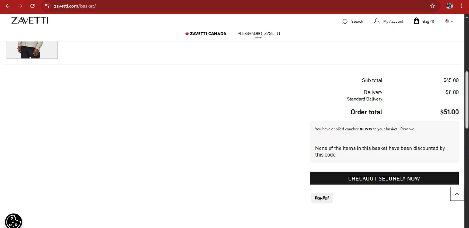 Zavetti discount code screenshot showing code new15 applied at Zavetti checkout page. Uploaded by SimplyCodes community member kimberlinmartinez on May 25, 2025