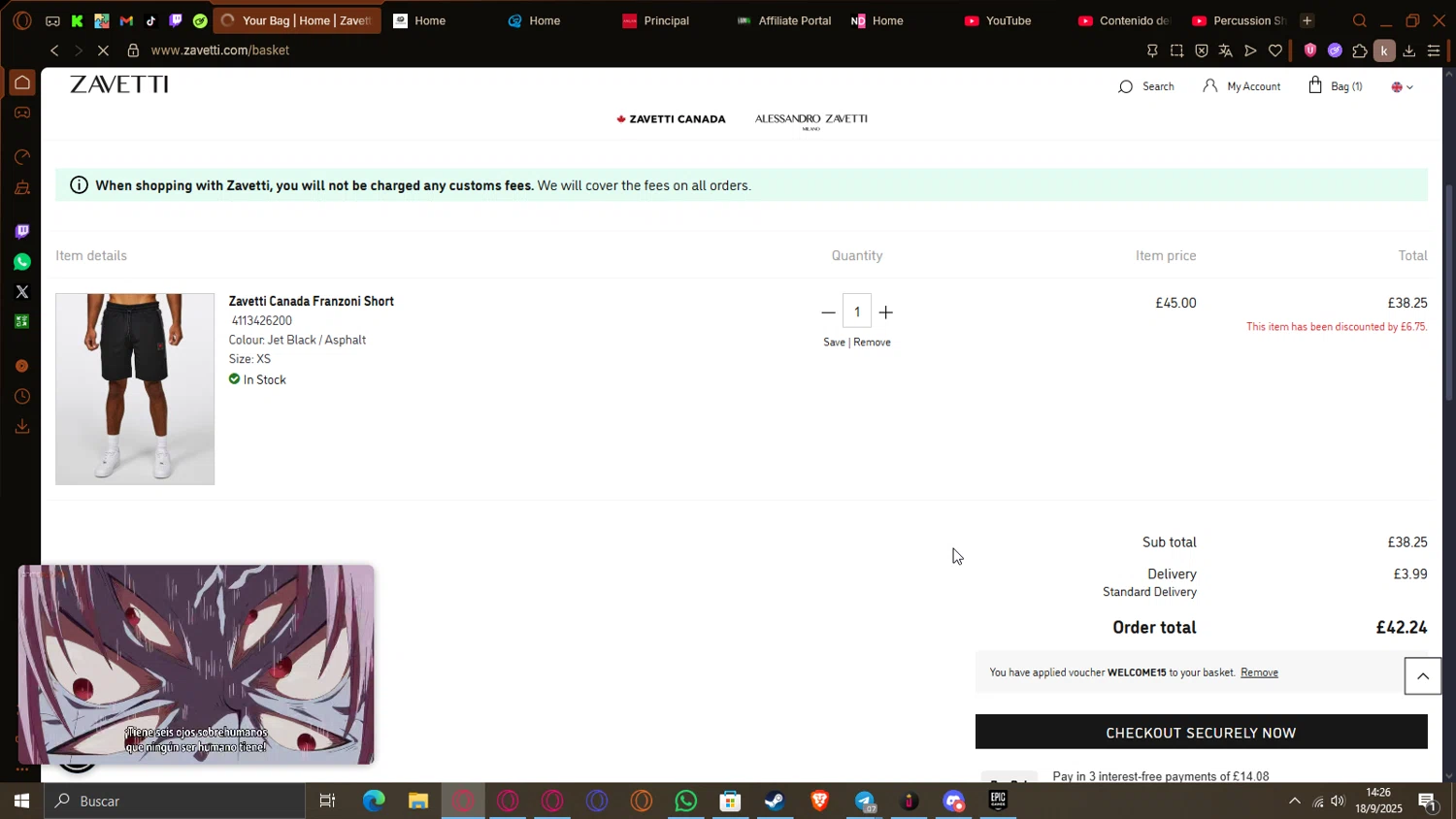 Zavetti discount code screenshot showing code WELCOME15 applied at Zavetti checkout page. Uploaded by SimplyCodes community member Gon_Freecss on Sep 18, 2025