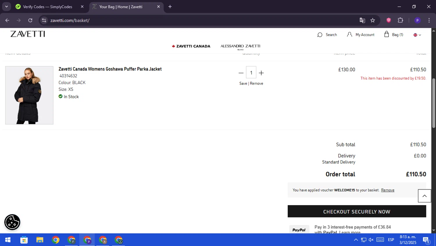Zavetti discount code screenshot showing code WELCOME15 applied at Zavetti checkout page. Uploaded by SimplyCodes community member RebateScout6612 on Dec 3, 2025