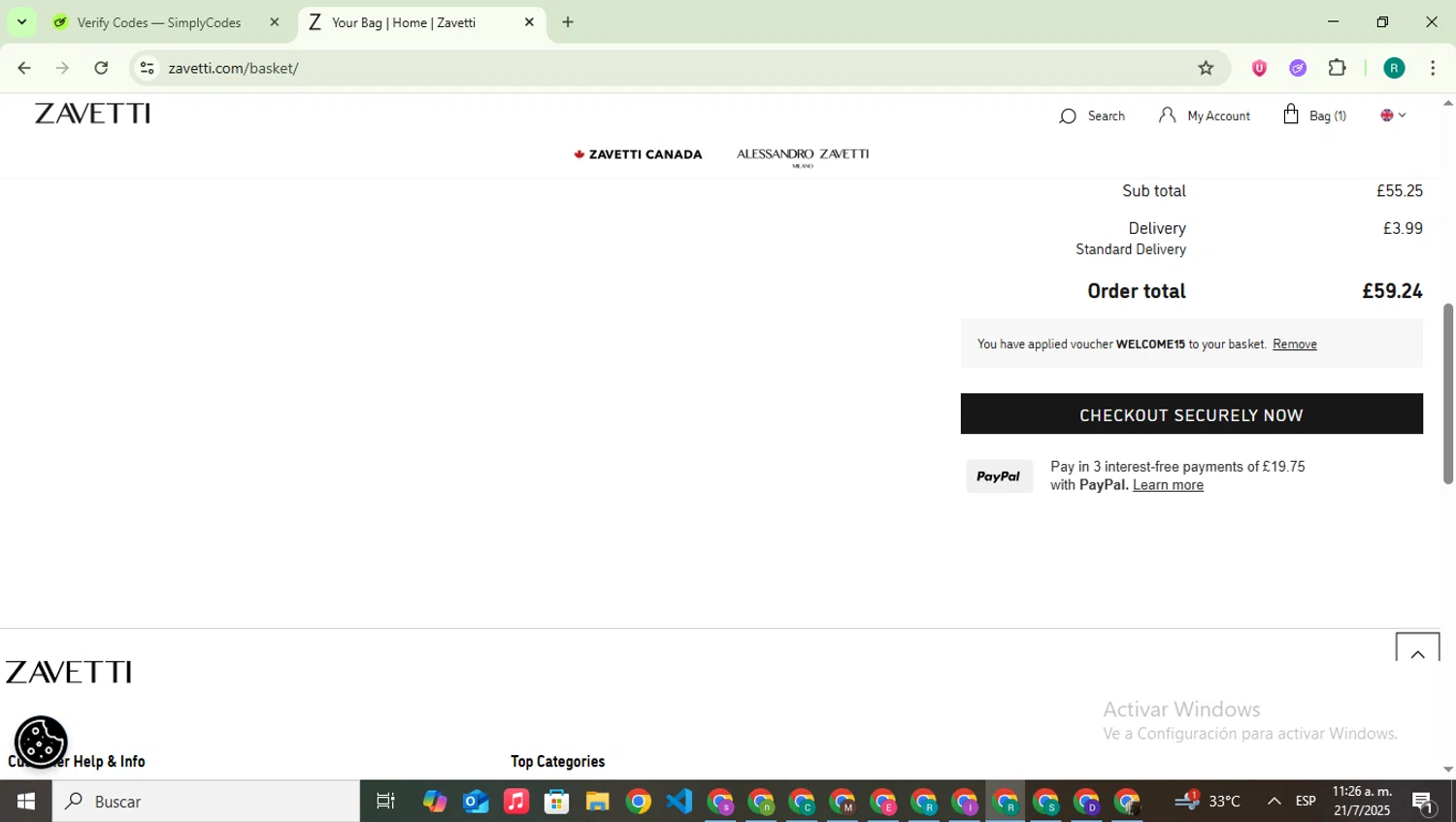 Zavetti discount code screenshot showing code WELCOME15 applied at Zavetti checkout page. Uploaded by SimplyCodes community member SavingsLegend387 on Jul 21, 2025
