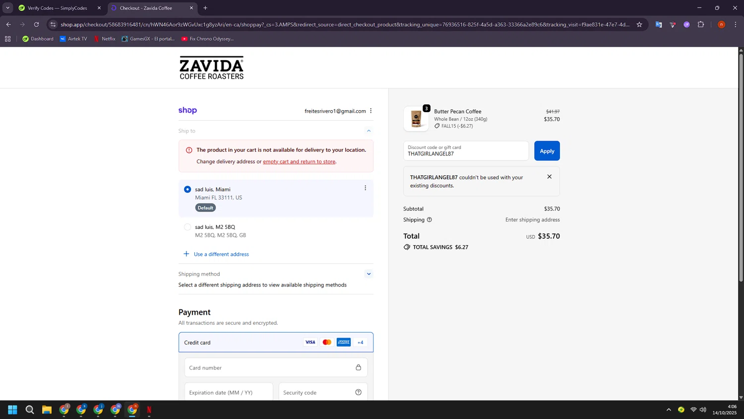 Zavida coupon code screenshot showing code THATGIRLANGEL87 applied at Zavida checkout page. Uploaded by SimplyCodes community member BudgetShopper182 on Oct 14, 2025