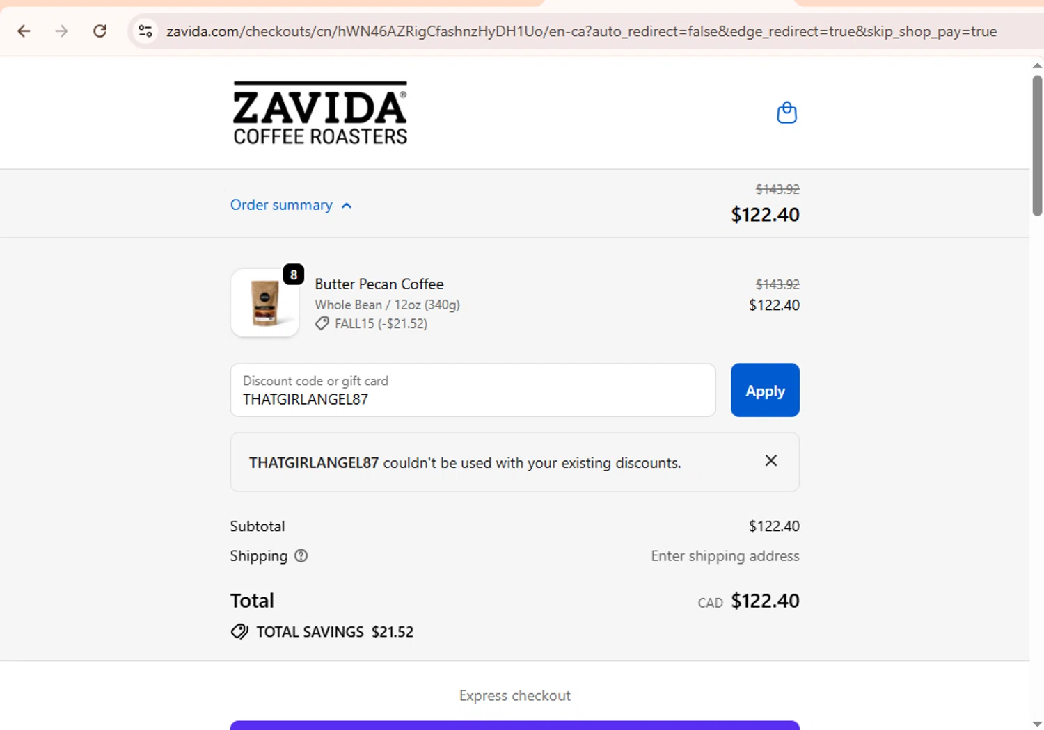 Zavida coupon code screenshot showing code THATGIRLANGEL87 applied at Zavida checkout page. Uploaded by SimplyCodes community member LegendaryHunter6399 on Oct 14, 2025