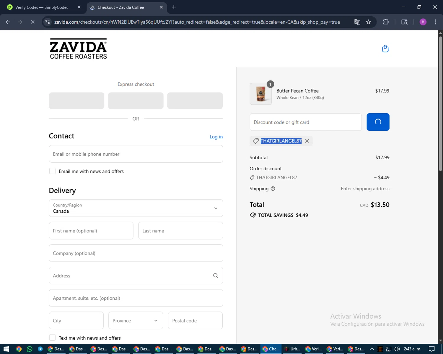 Zavida coupon code screenshot showing code THATGIRLANGEL87 applied at Zavida checkout page. Uploaded by SimplyCodes community member travisscott on Aug 26, 2025