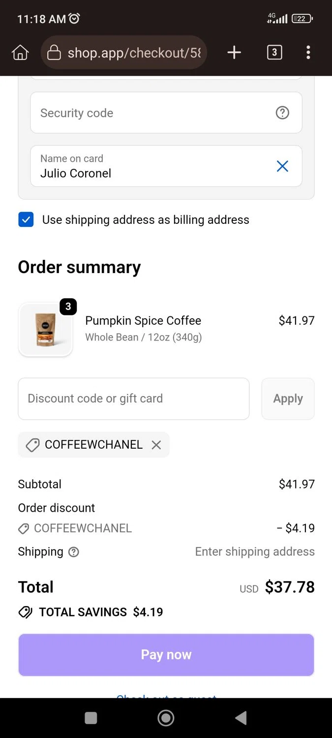 Zavida coupon code screenshot showing code COFFEEWCHANEL applied at Zavida checkout page. Uploaded by SimplyCodes community member CrownLion2750 on Dec 4, 2025