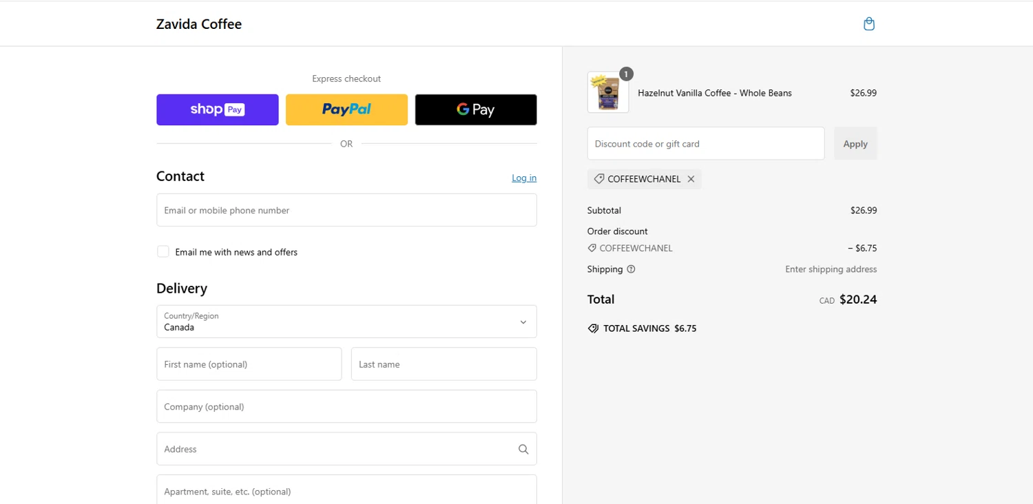 Zavida coupon code screenshot showing code COFFEEWCHANEL applied at Zavida checkout page. Uploaded by SimplyCodes community member dimitriv on Dec 29, 2024