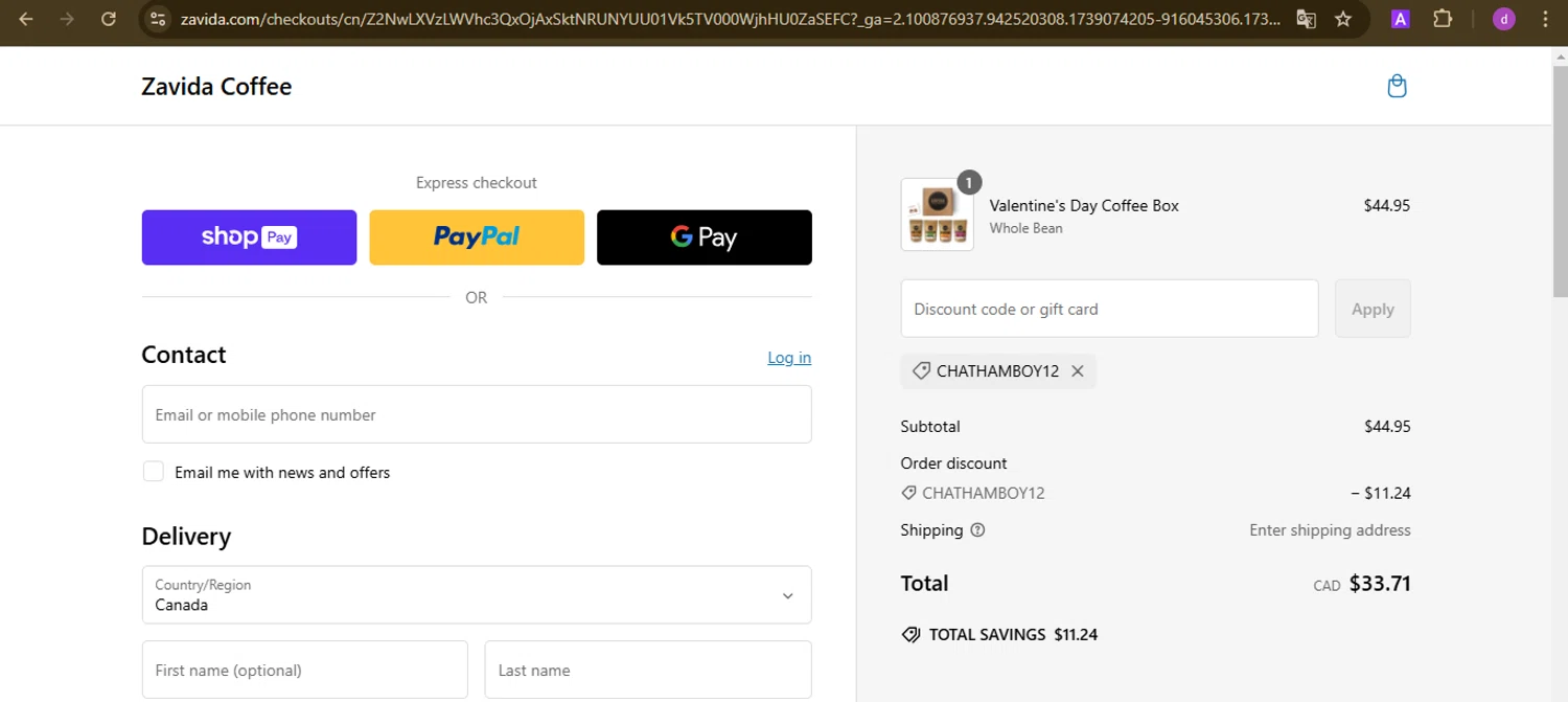 Zavida coupon code screenshot showing code CHATHAMBOY12 applied at Zavida checkout page. Uploaded by SimplyCodes community member PennyTiger4891 on Feb 9, 2025