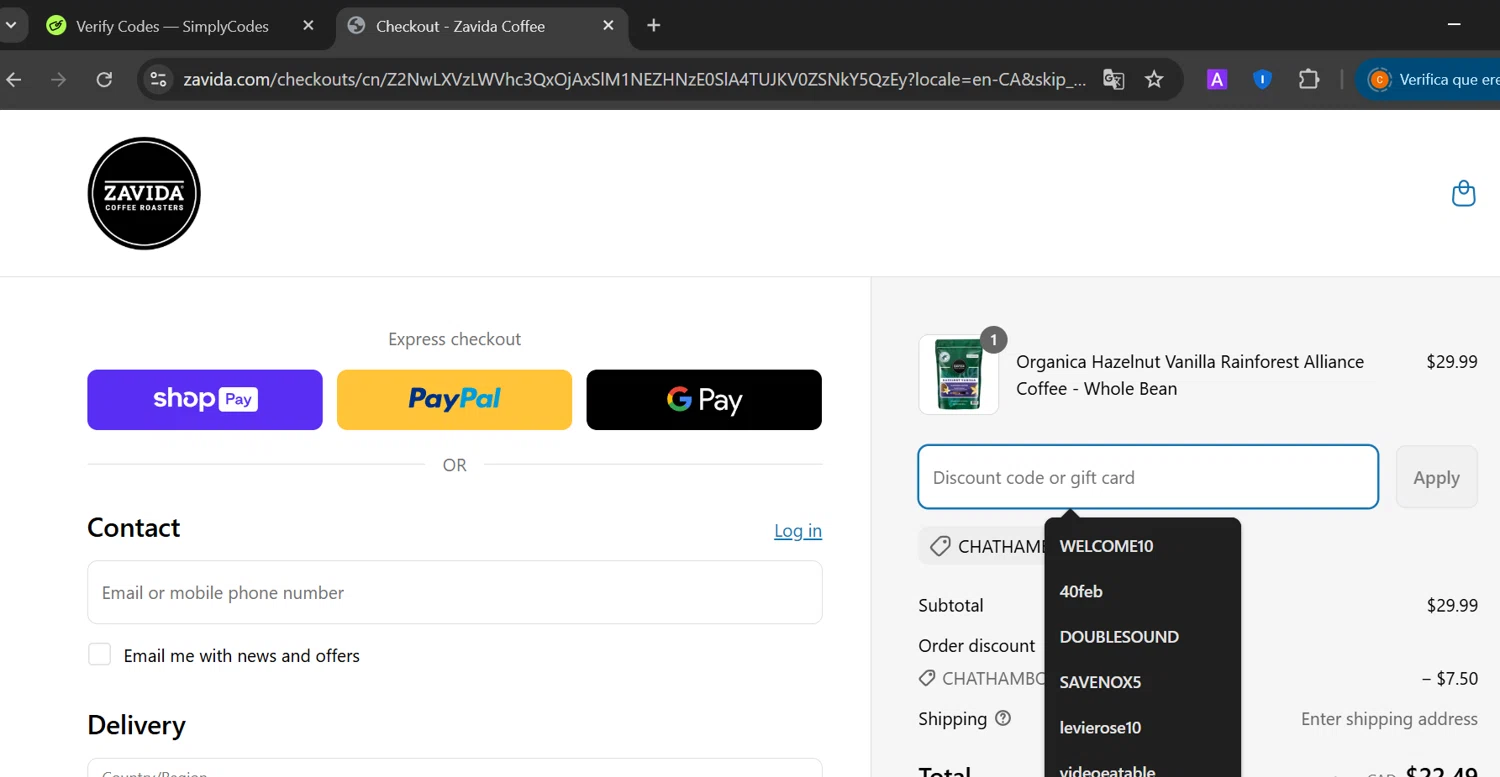 Zavida coupon code screenshot showing code CHATHAMBOY12 applied at Zavida checkout page. Uploaded by SimplyCodes community member CashElite5536 on Apr 18, 2025
