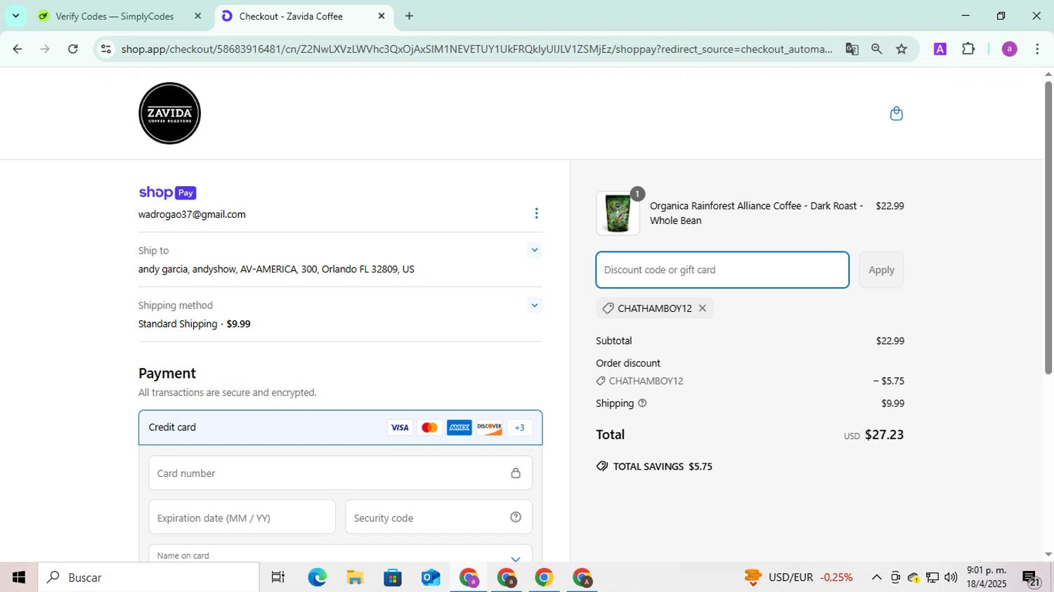Zavida coupon code screenshot showing code CHATHAMBOY12 applied at Zavida checkout page. Uploaded by SimplyCodes community member FortunatePilot2384 on Apr 18, 2025