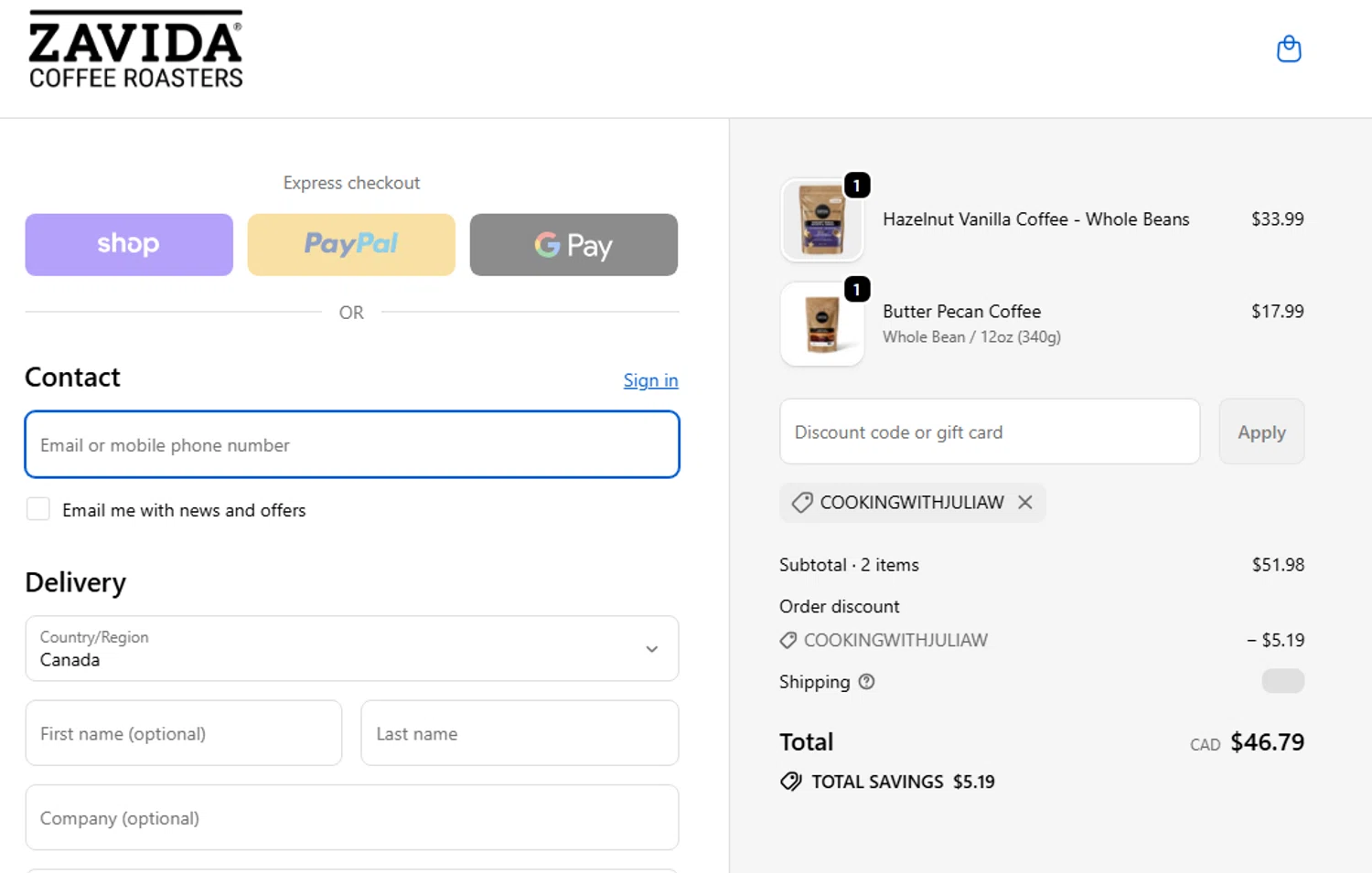 Zavida coupon code screenshot showing code COOKINGWITHJULIAW applied at Zavida checkout page. Uploaded by SimplyCodes community member AliceLidell on Sep 24, 2025