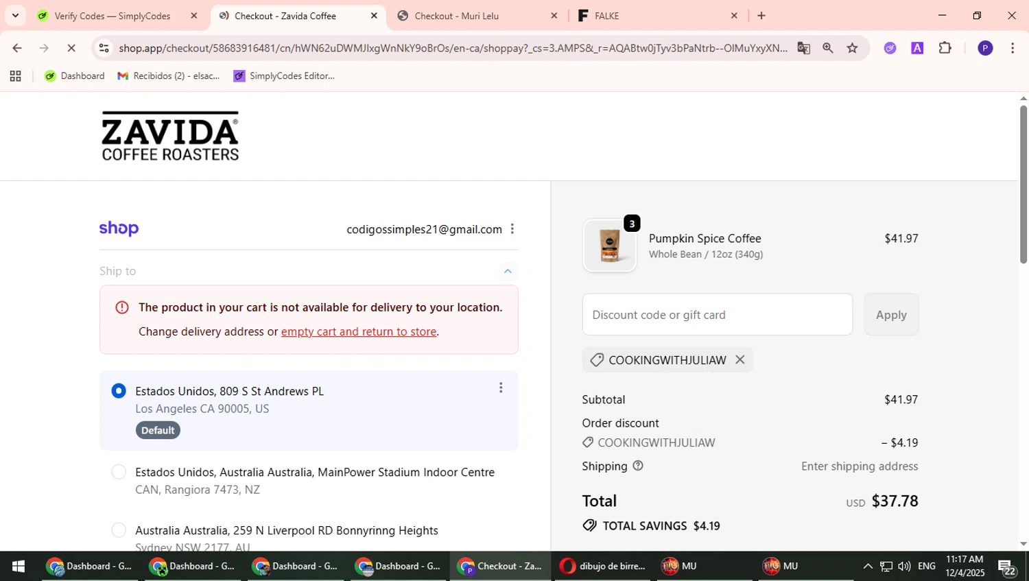 Zavida coupon code screenshot showing code COOKINGWITHJULIAW applied at Zavida checkout page. Uploaded by SimplyCodes community member Suicune on Dec 4, 2025