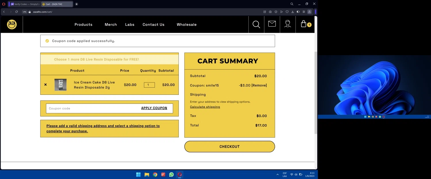 Zaza THC checkout page showing Zaza THC promo code box | Screenshot taken by SimplyCodes community member on Aug 1, 2023