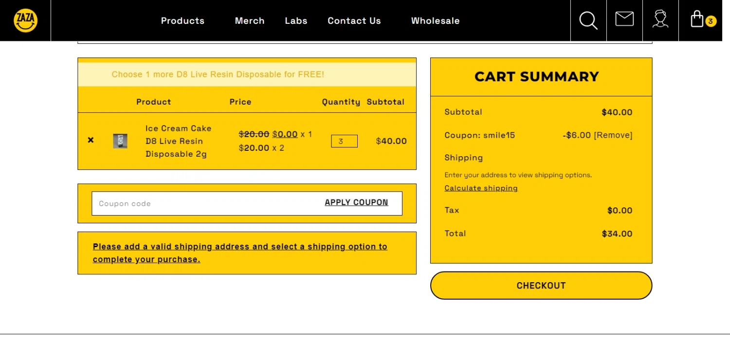 Zaza THC checkout page showing Zaza THC promo code box | Screenshot taken by SimplyCodes community member on Aug 1, 2023