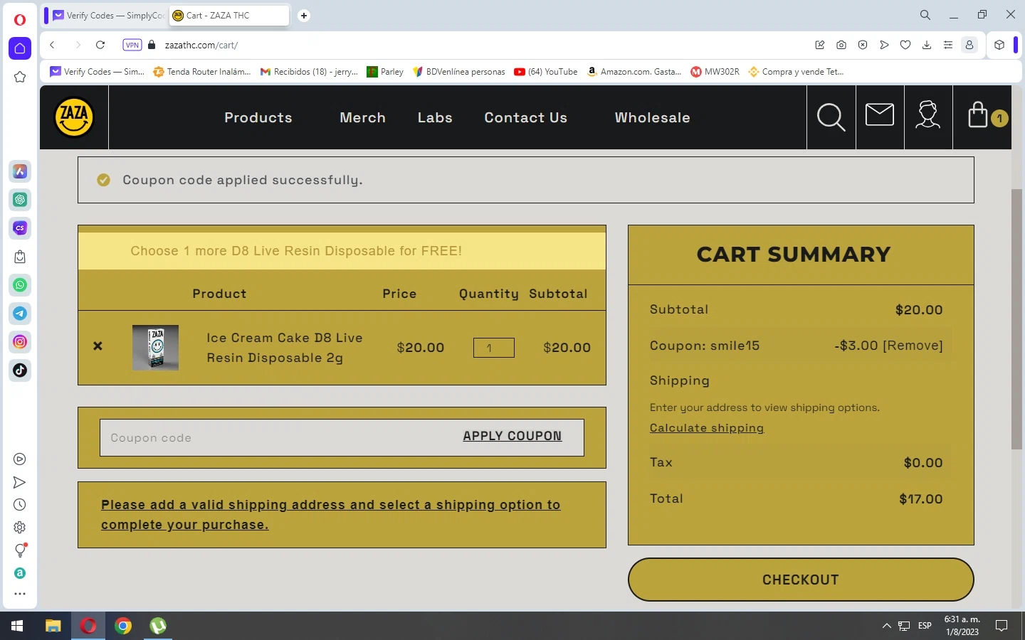 Zaza THC checkout page showing Zaza THC promo code box | Screenshot taken by SimplyCodes community member on Aug 1, 2023
