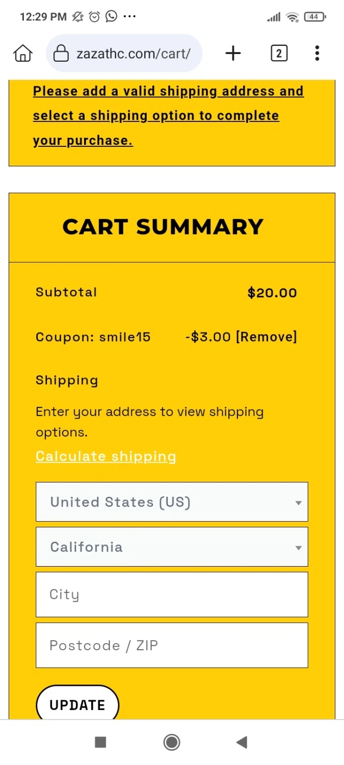 Zaza THC checkout page showing Zaza THC promo code box | Screenshot taken by SimplyCodes community member on Aug 1, 2023