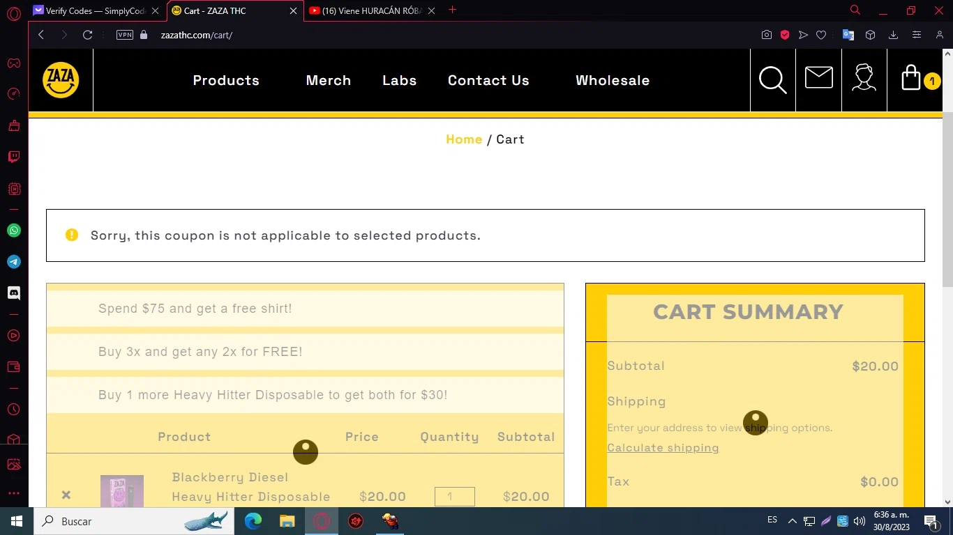 Zaza THC checkout page showing Zaza THC promo code box | Screenshot taken by SimplyCodes community member on Aug 30, 2023