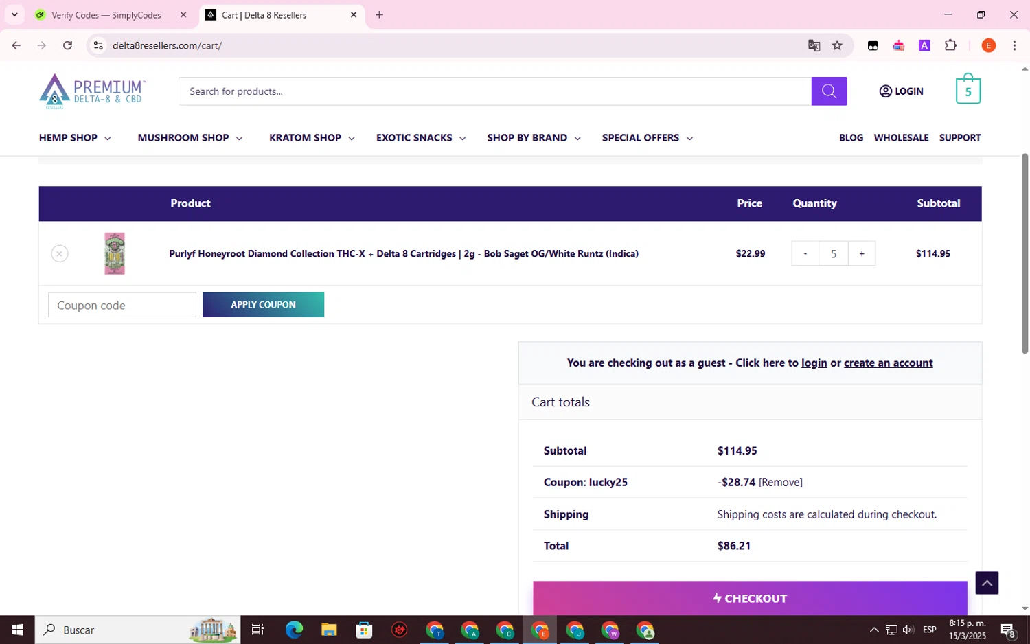 Zaza THC checkout page showing Zaza THC promo code box | Screenshot taken by SimplyCodes community member on Mar 16, 2025