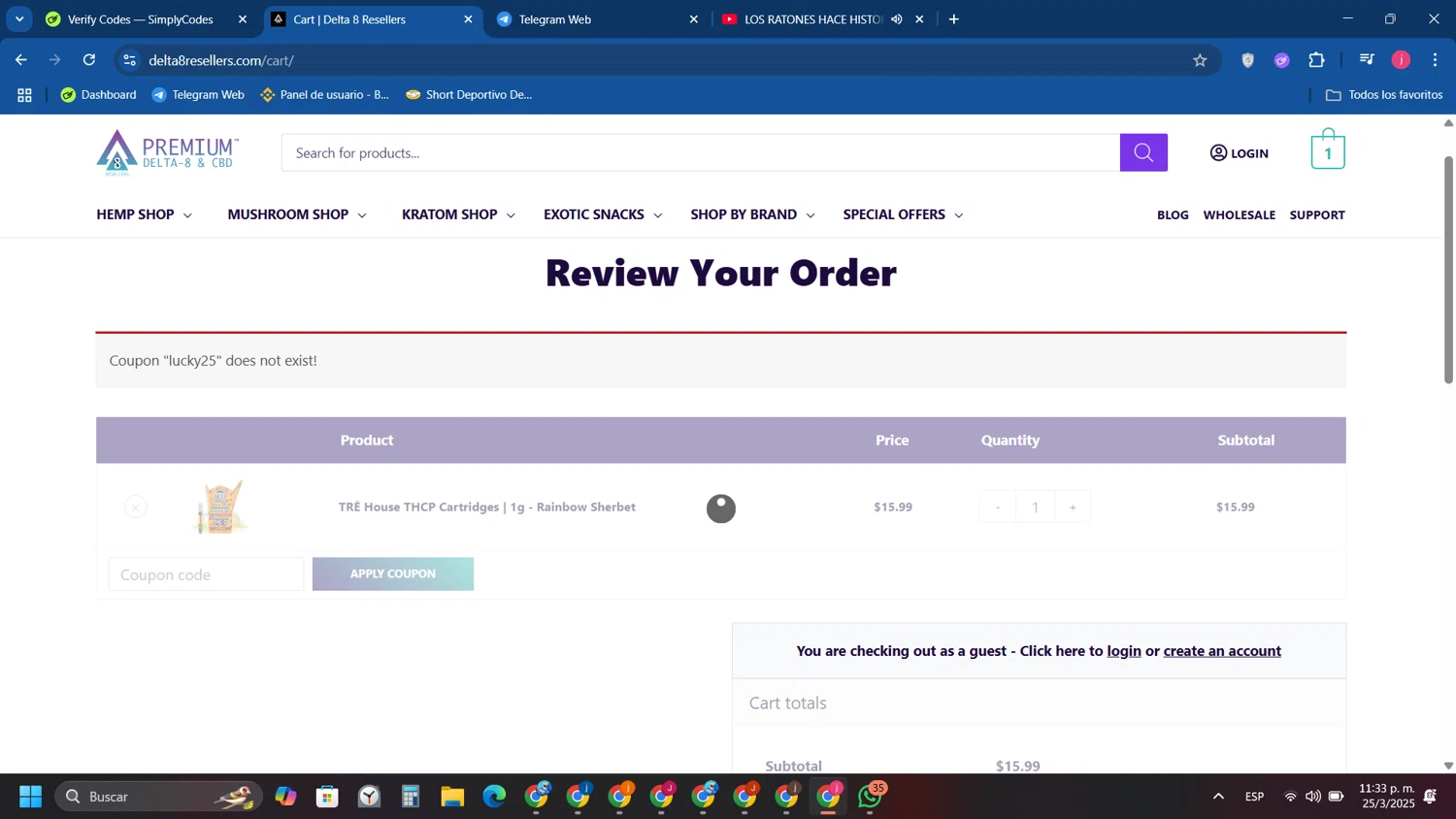 Zaza THC promo code screenshot showing code LUCKY25 applied at Zaza THC checkout page. Uploaded by SimplyCodes community member Tryhard on Mar 26, 2025