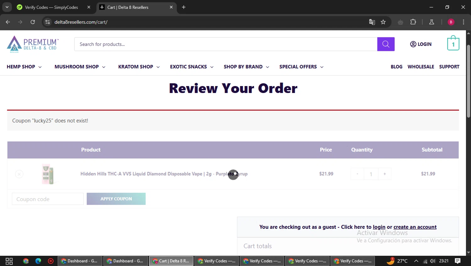Zaza THC promo code screenshot showing code LUCKY25 applied at Zaza THC checkout page. Uploaded by SimplyCodes community member SwiftSage1747 on Mar 26, 2025