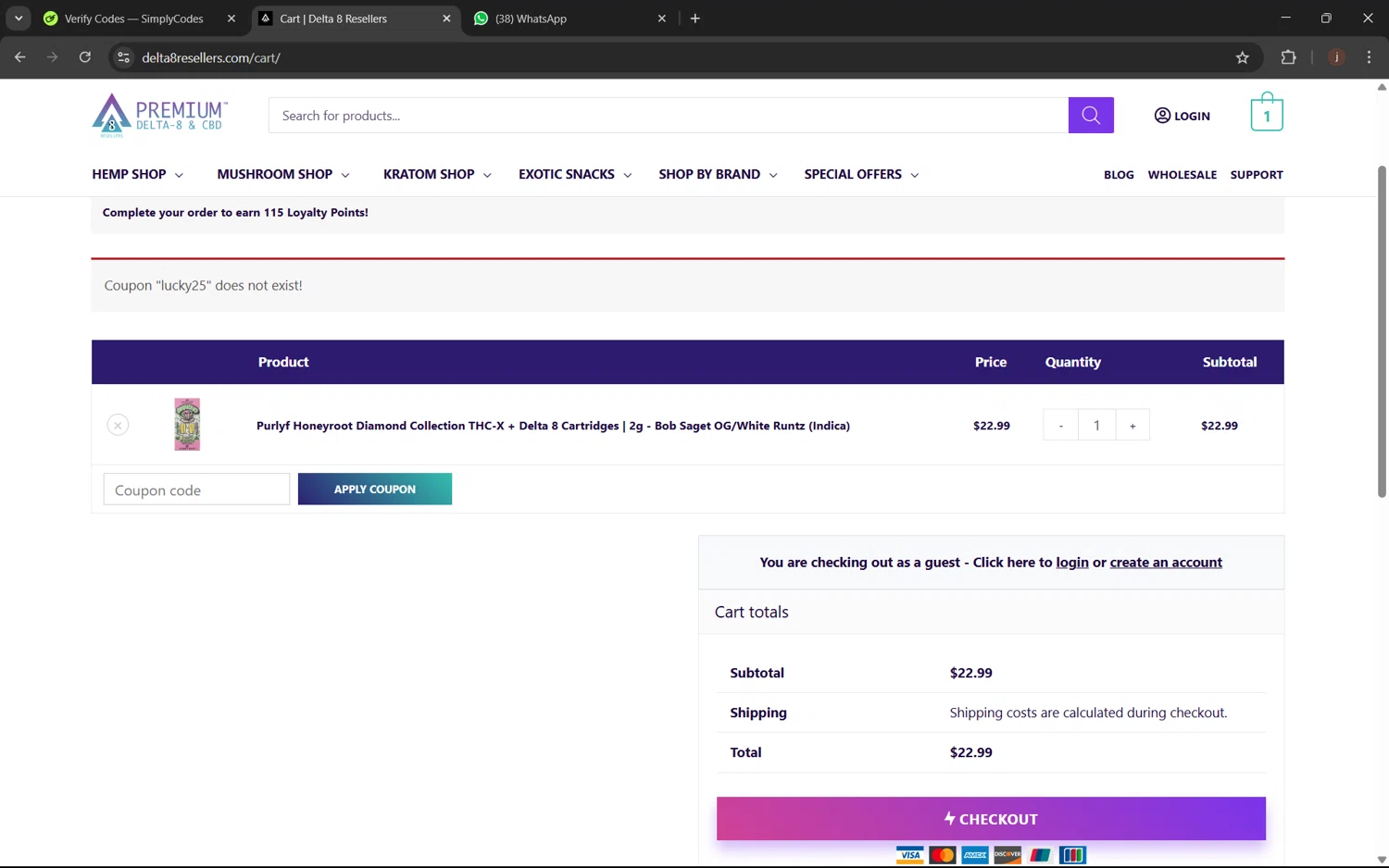 Zaza THC promo code screenshot showing code LUCKY25 applied at Zaza THC checkout page. Uploaded by SimplyCodes community member juanx1702 on Mar 26, 2025