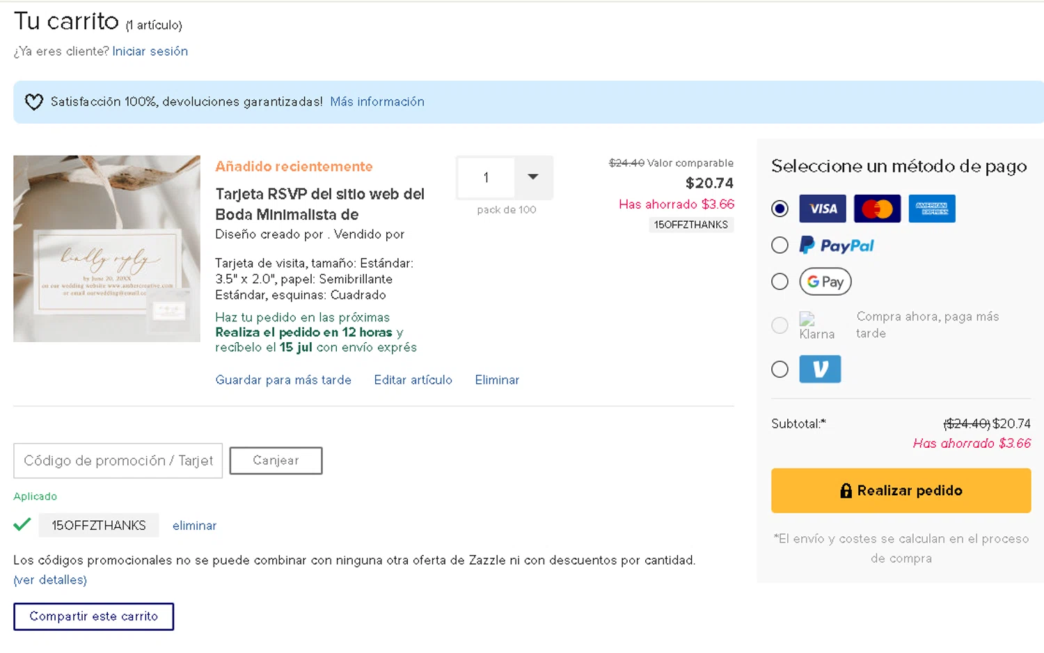 Zazzle promo code screenshot showing code 15OFFZTHANKS applied at Zazzle checkout page. Uploaded by SimplyCodes community member RebateKnight7691 on Jul 14, 2025