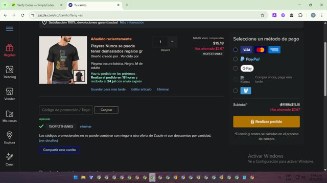 Zazzle checkout page showing Zazzle promo code box | Screenshot taken by SimplyCodes community member on Jul 22, 2025