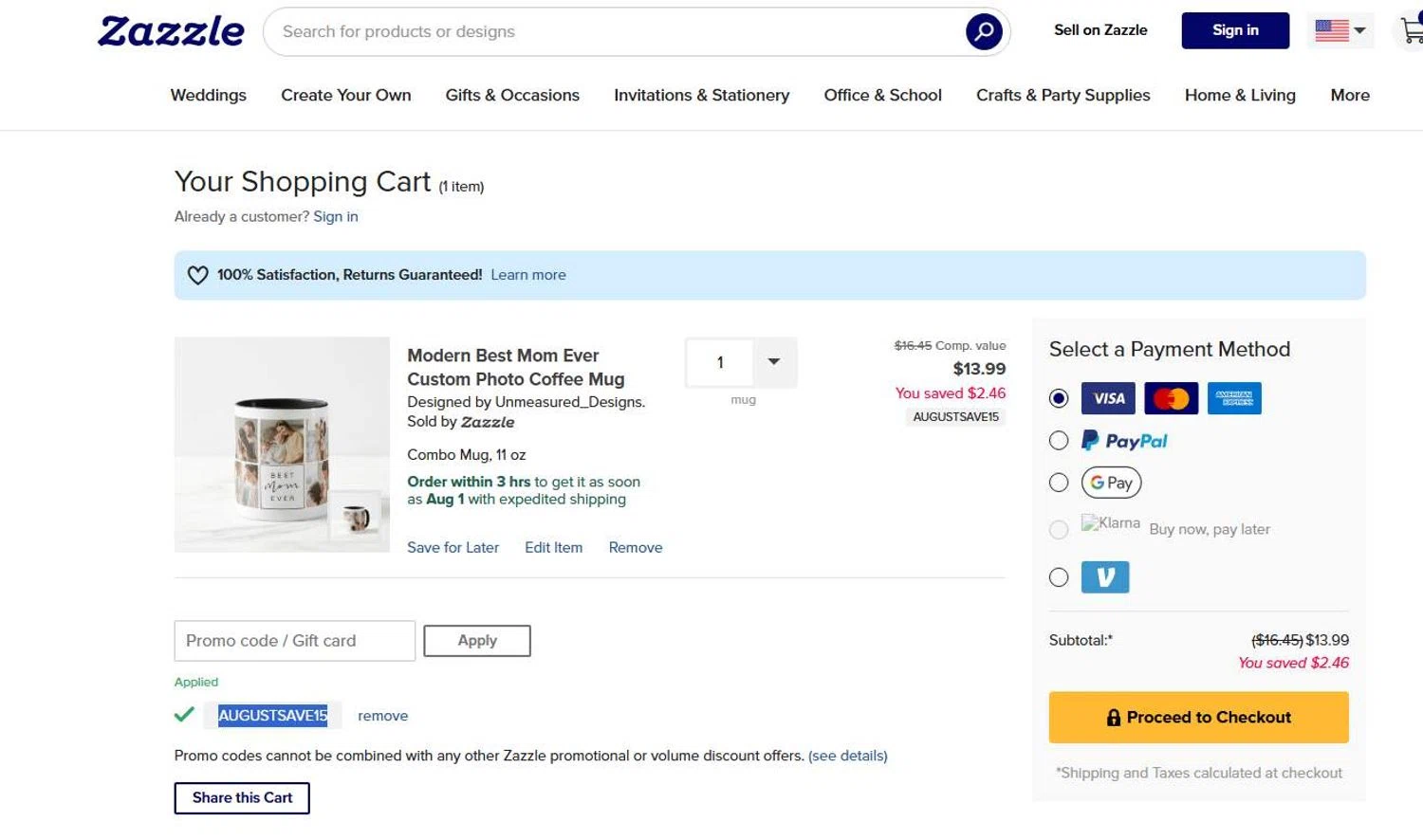 Zazzle promo code screenshot showing code AUGUSTSAVE15 applied at Zazzle checkout page. Uploaded by SimplyCodes community member 6d796e616d656973 on Jul 31, 2025