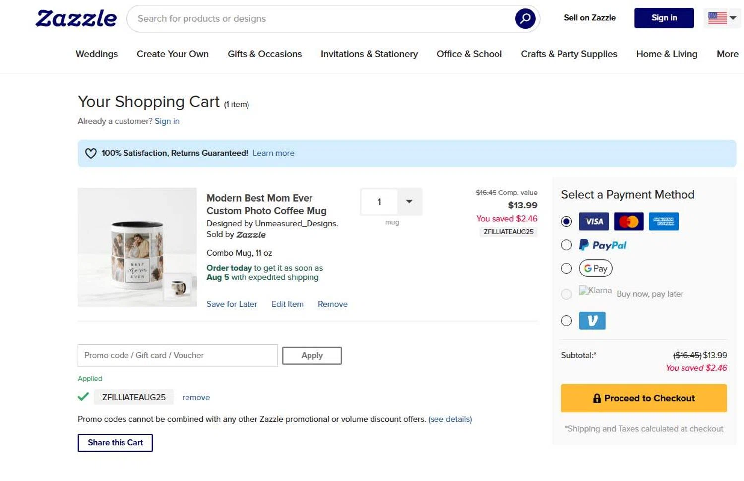 Zazzle promo code screenshot showing code ZFILLIATEAUG25 applied at Zazzle checkout page. Uploaded by SimplyCodes community member 6d796e616d656973 on Aug 1, 2025