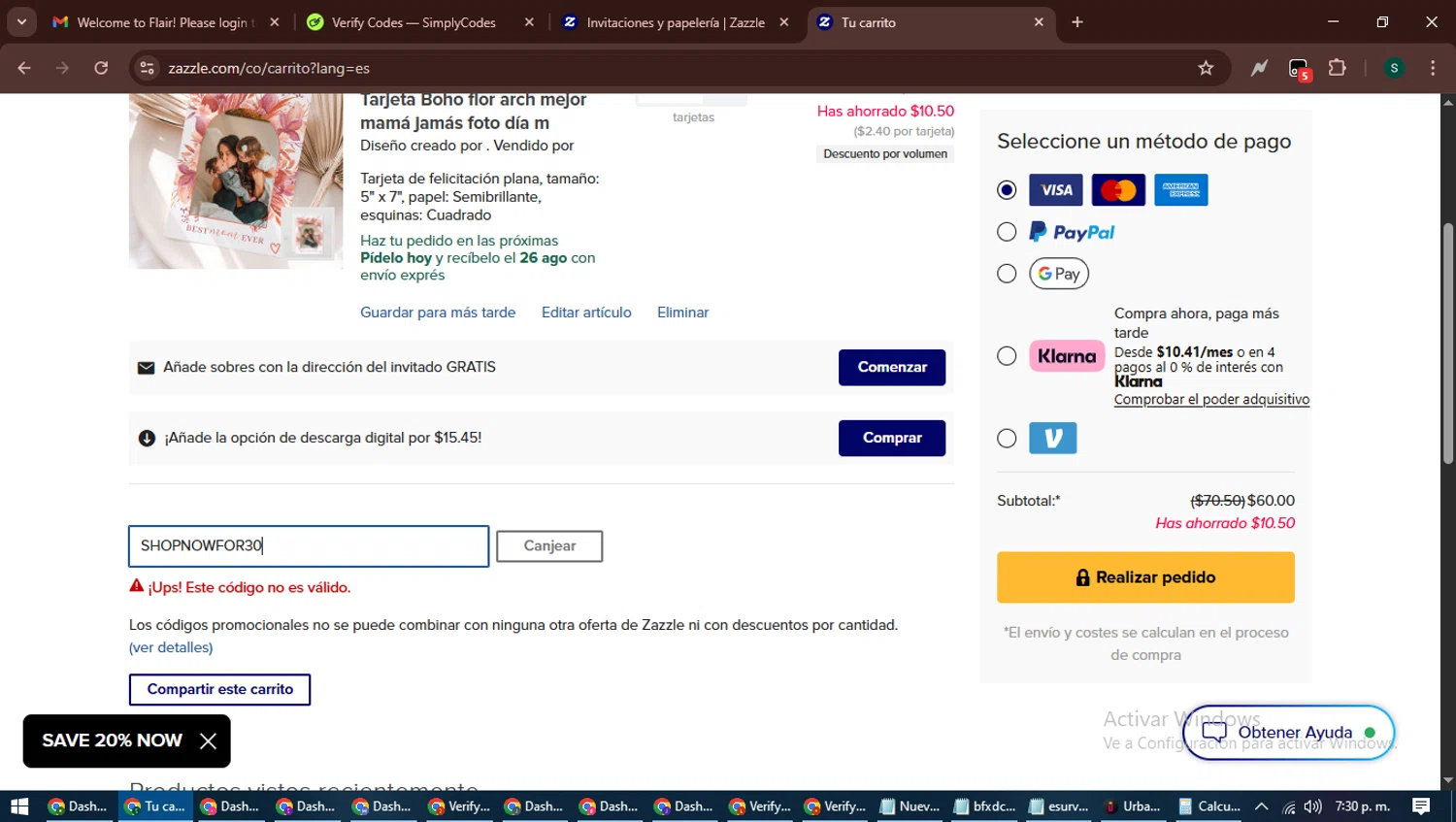 Zazzle promo code screenshot showing code SHOPNOWFOR30 applied at Zazzle checkout page. Uploaded by SimplyCodes community member ShrewdAce7935 on Aug 22, 2025