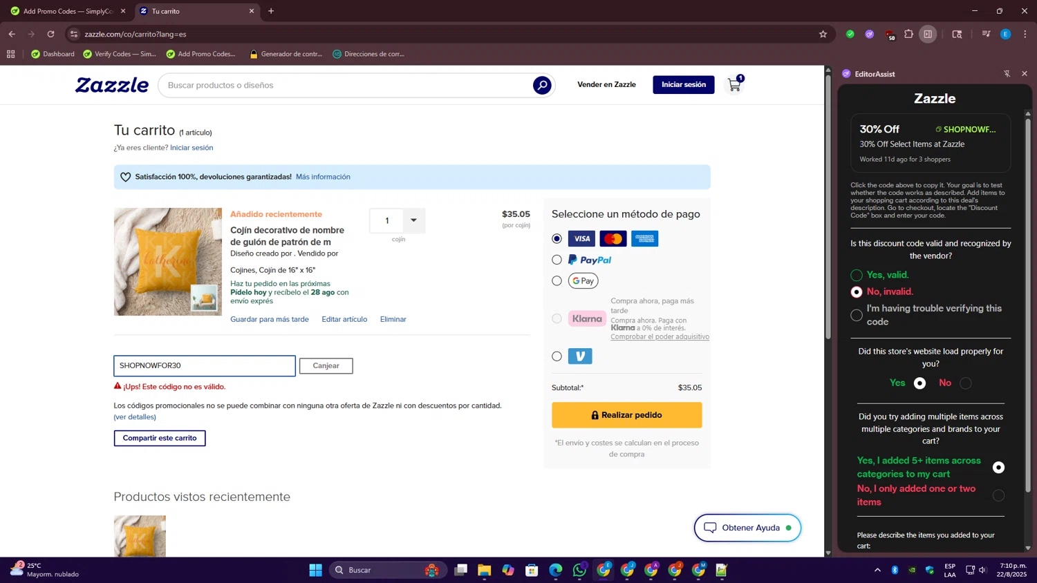 Zazzle promo code screenshot showing code SHOPNOWFOR30 applied at Zazzle checkout page. Uploaded by SimplyCodes community member WiseMaven8415 on Aug 22, 2025