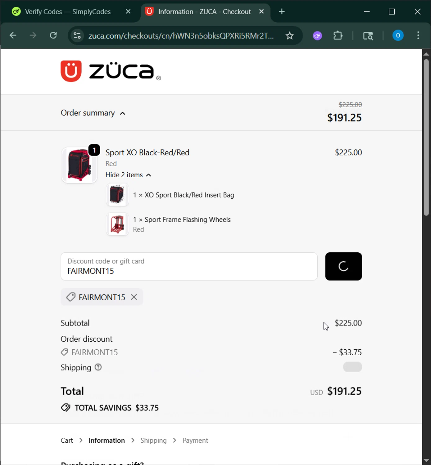 ZÜCA promo code screenshot showing code FAIRMONT15 applied at ZÜCA checkout page. Uploaded by SimplyCodes community member _____________ on Oct 6, 2025