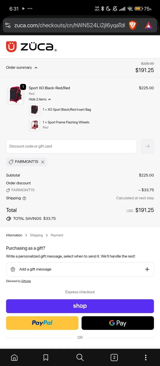 ZÜCA promo code screenshot showing code FAIRMONT15 applied at ZÜCA checkout page. Uploaded by SimplyCodes community member RebateShopper5497 on Nov 7, 2025
